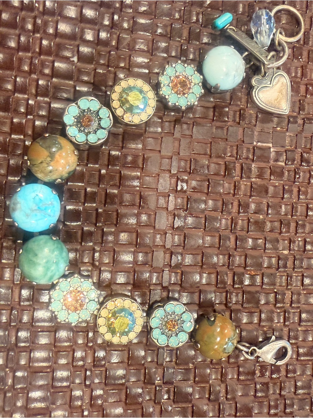 Mariana Turquoise, Aqua and Brown Beaded Floral Charm Bracelet